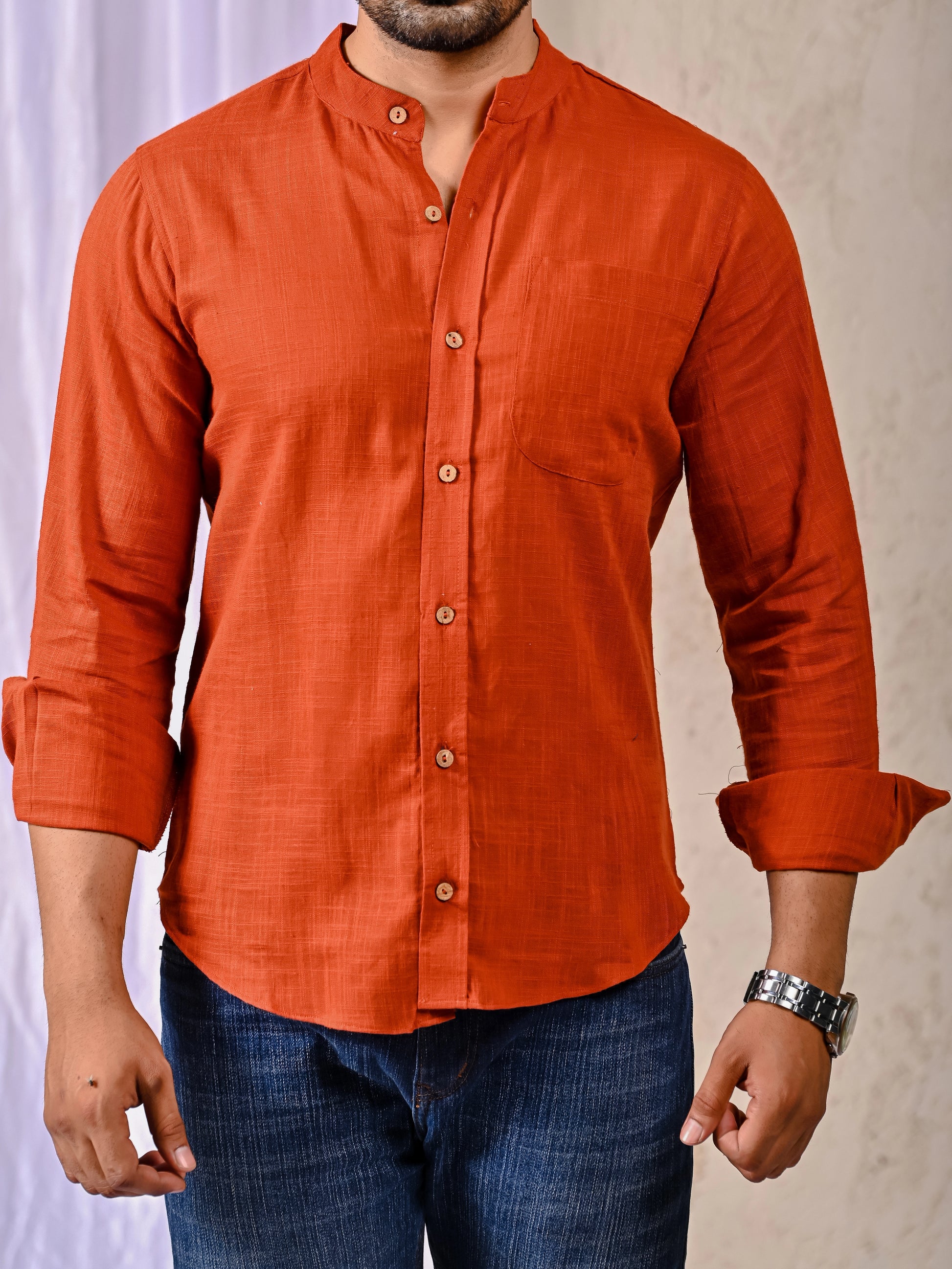 Rust full sleeve cotton linen shirt for men