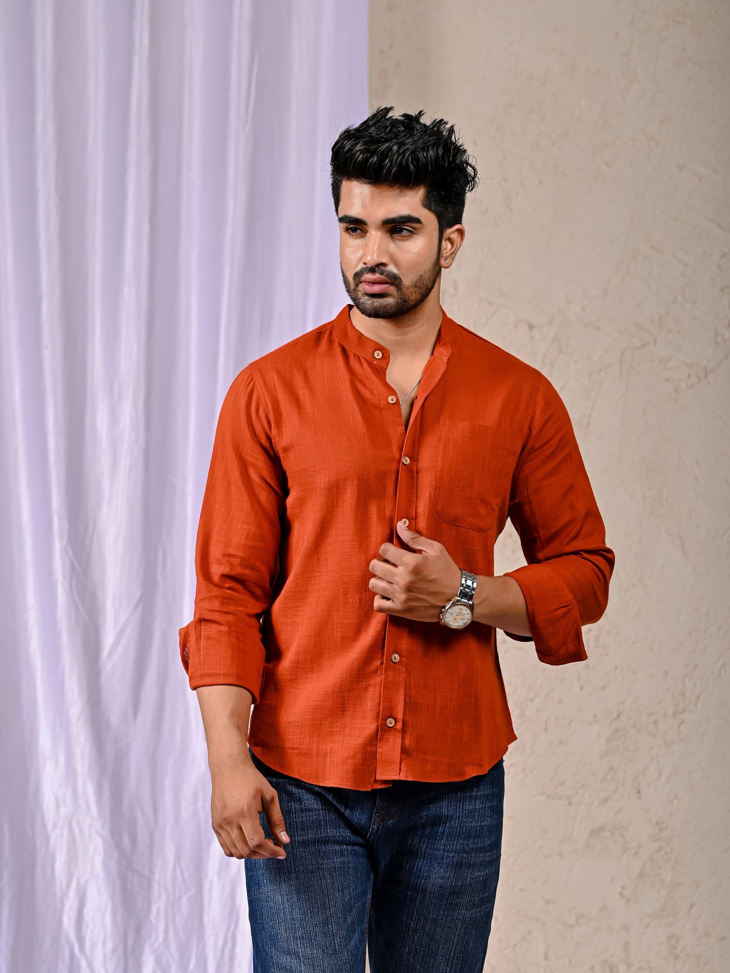 Shreenaya rust cotton linen shirt men