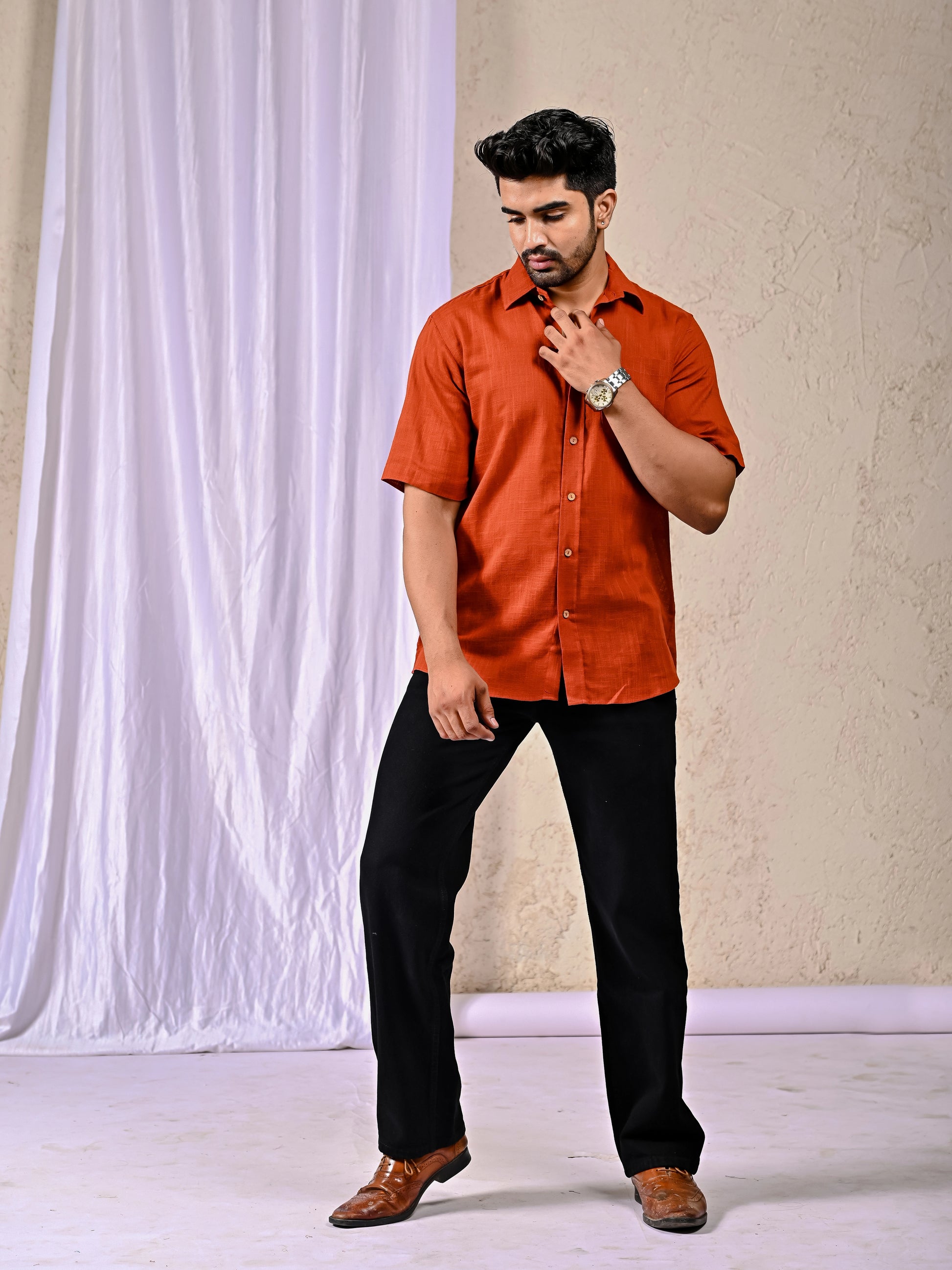 Rust Cotton-Linen Regular Fit Half-Sleeve Casual Shirt – Shreenaya