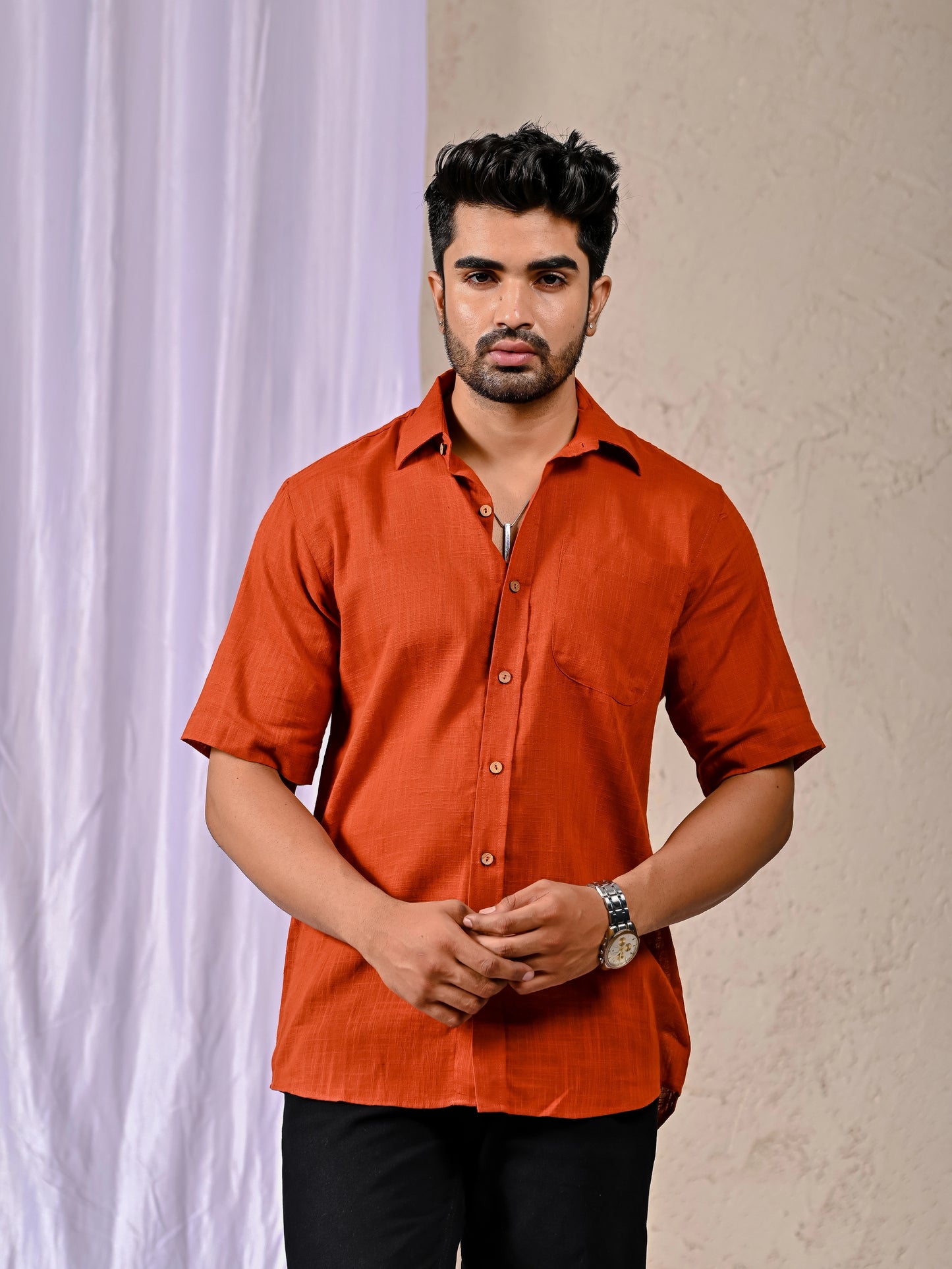 Men’s Rust Cotton-Linen Half-Sleeve Shirt Front View