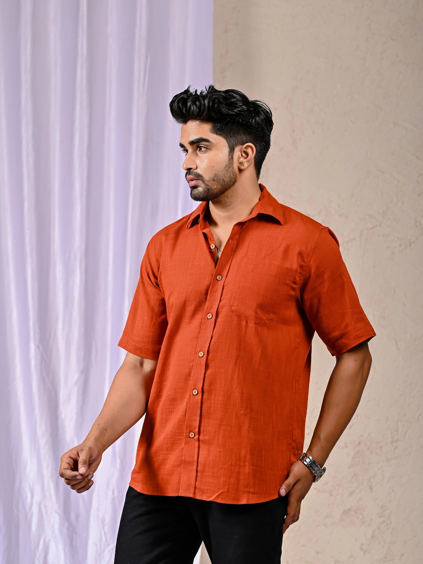 Classic Rust Button-Down Linen Blend Shirt Detail