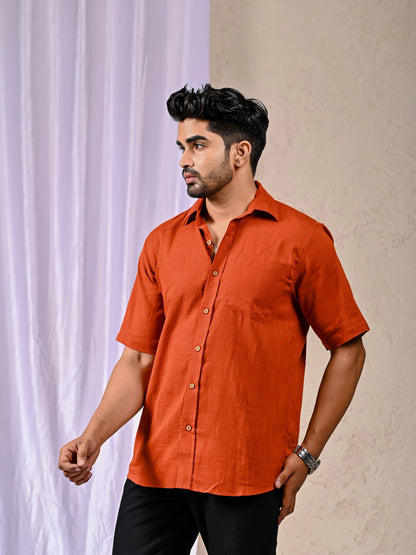 Classic Rust Button-Down Linen Blend Shirt Detail