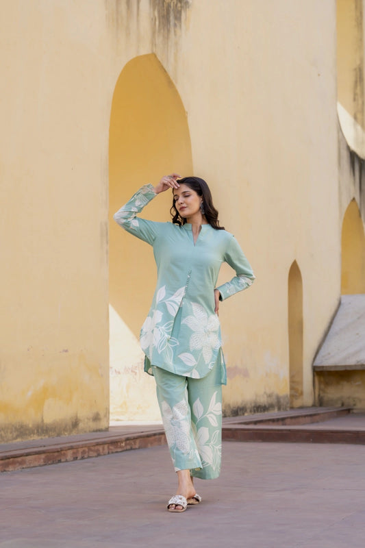 Shreenaya sea green cotton printed co-ord set