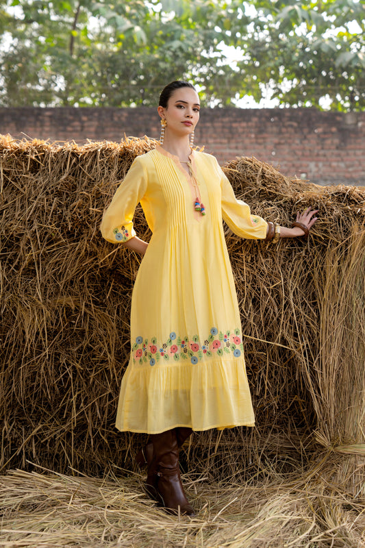 Women’s Yellow Embroidered Midi Dress Front View