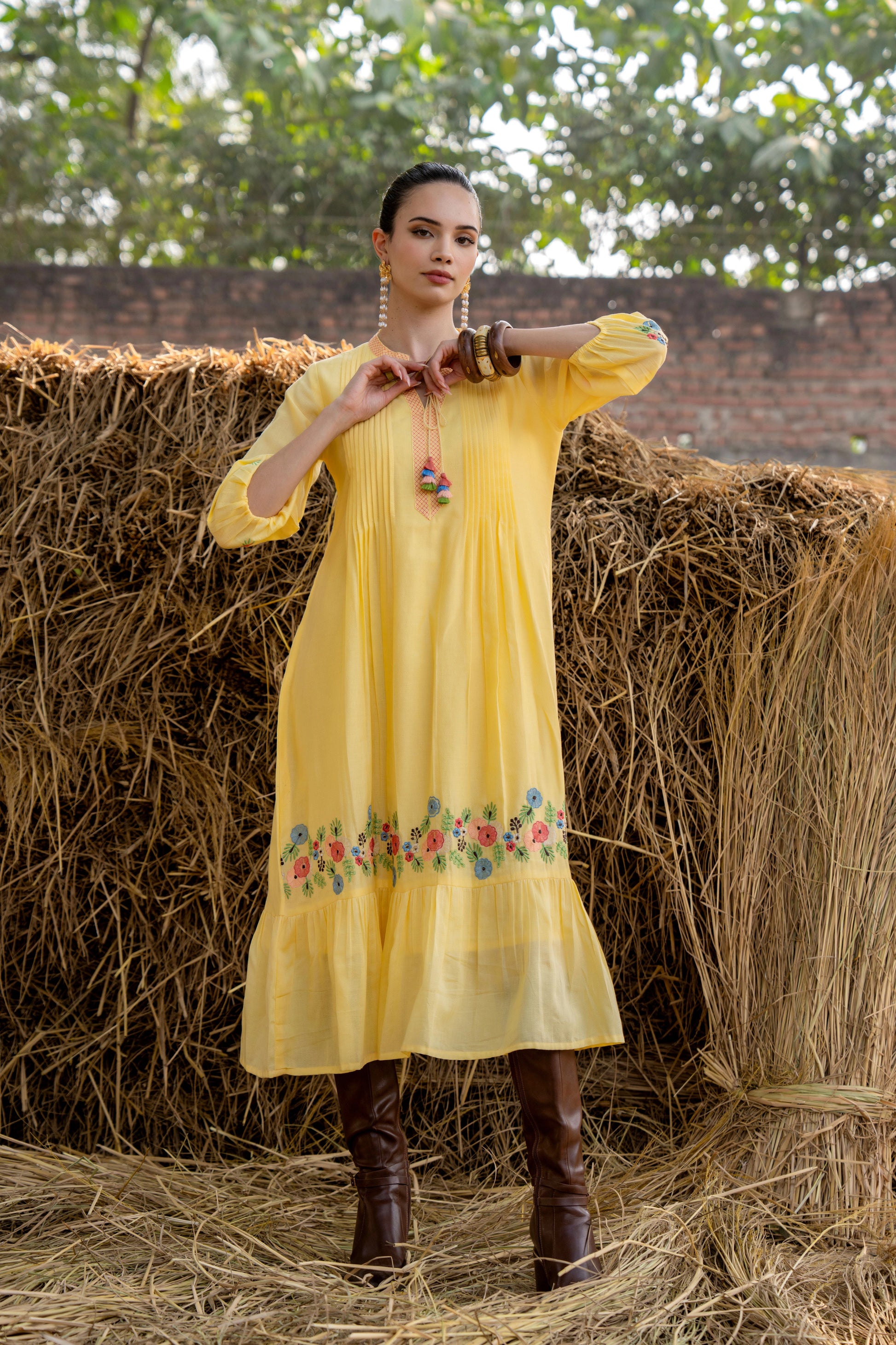 Elegant Yellow Midi Dress with Floral Embroidery Detail