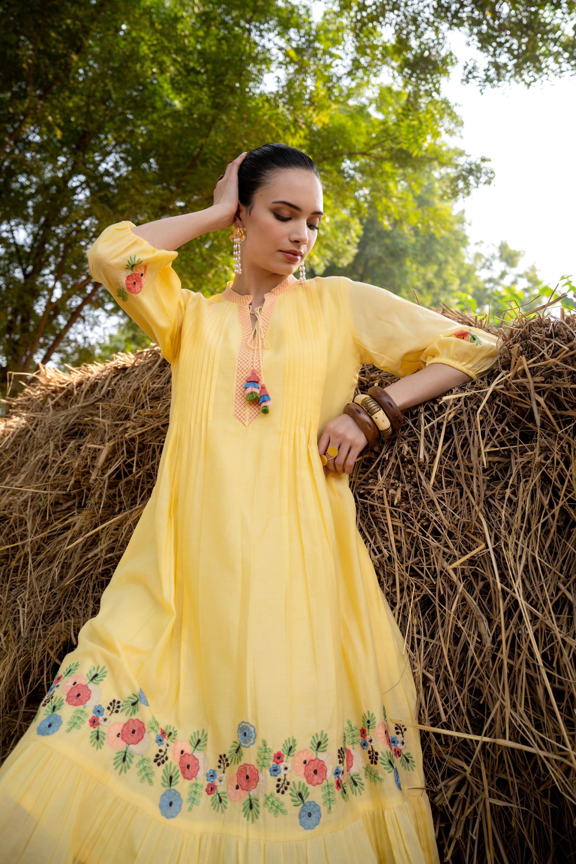 Breathable Summer Dress Yellow Floral Embroidery