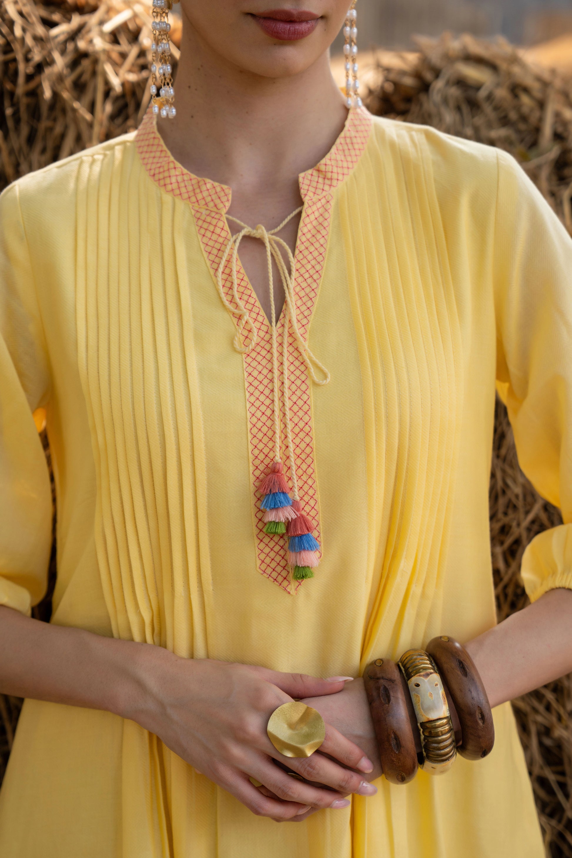 Yellow Embroidered Dress Fabric & Design Detail