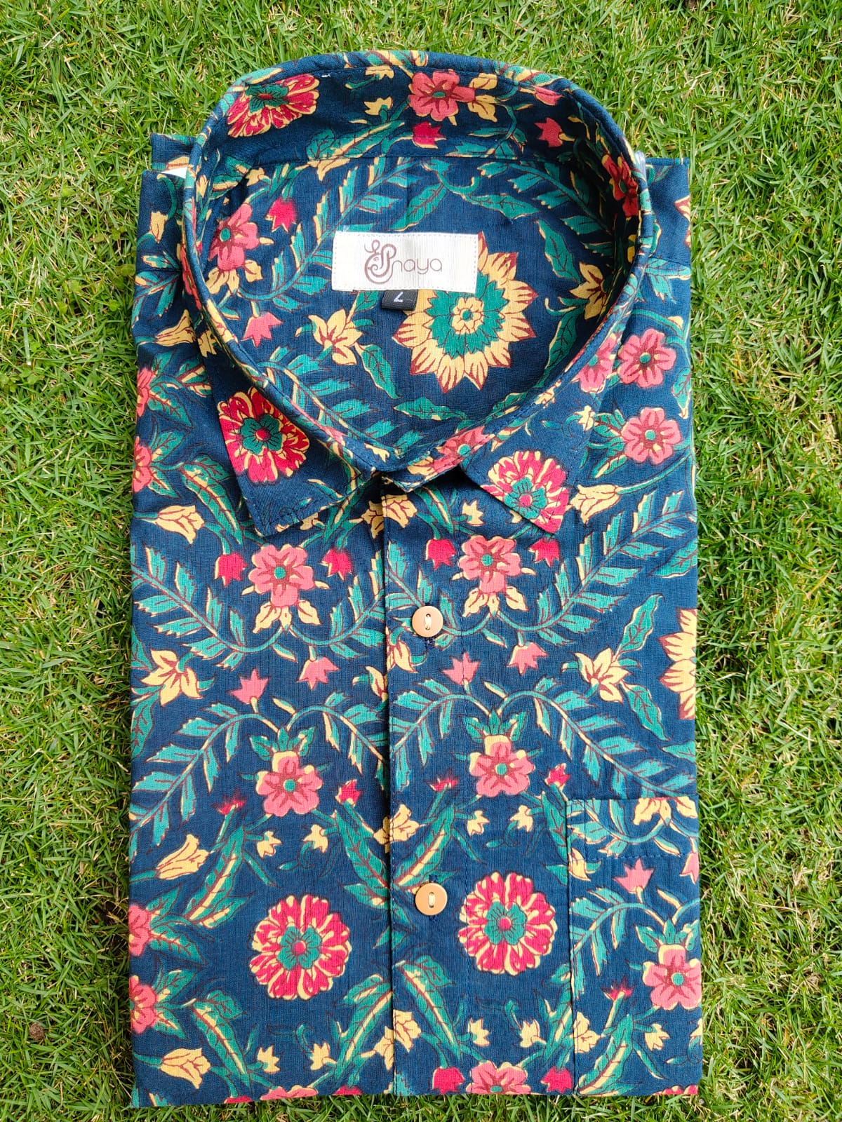 Teal Blue Tropical Print Cotton Regular Fit Casual Shirt (Half Sleeves)