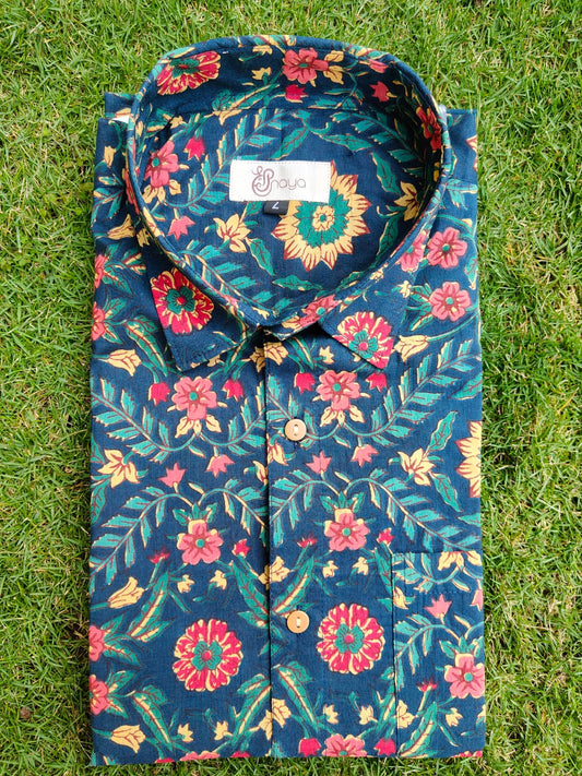 Teal Blue Tropical Print Cotton Regular Fit Casual Shirt (Half Sleeves)