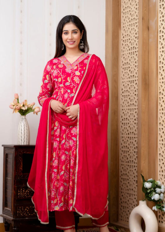 Pink Chinon Anarkali Kurta Pant Dupatta