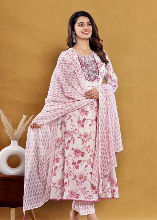Pink Floral Anarkali Kurta with Pant Dupatta