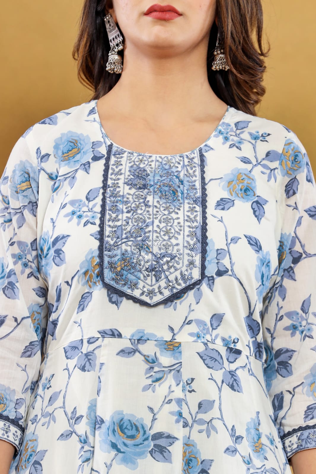 Blue Floral Anarkali Kurta with Pant Dupatta