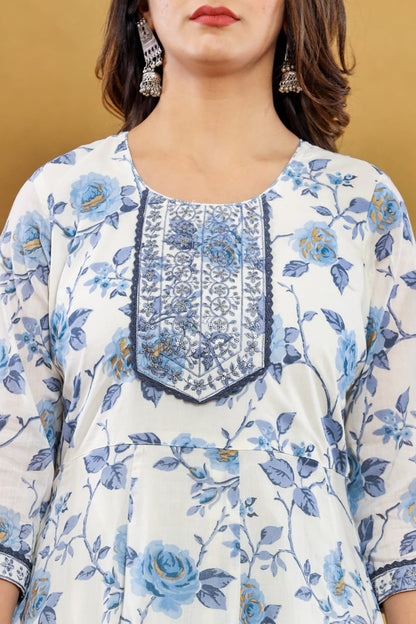 Blue Floral Anarkali Kurta with Pant Dupatta