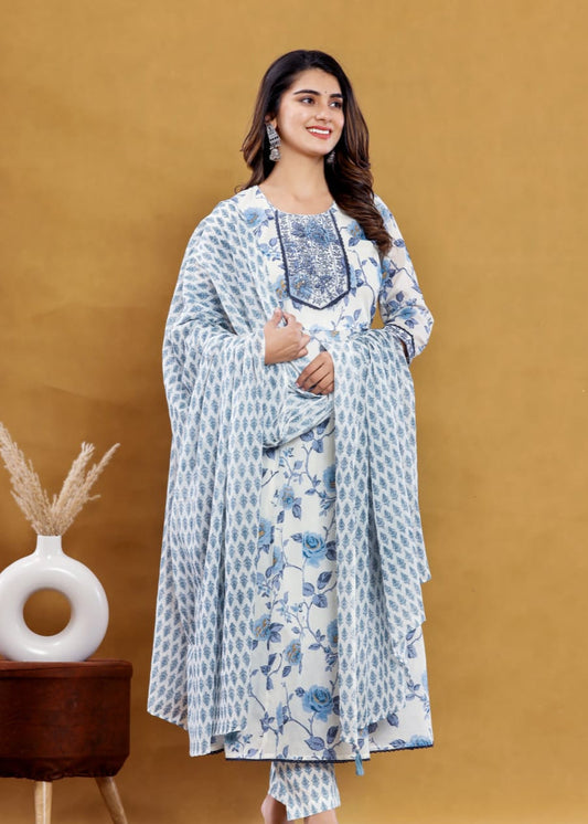 Blue Floral Anarkali Kurta with Pant Dupatta