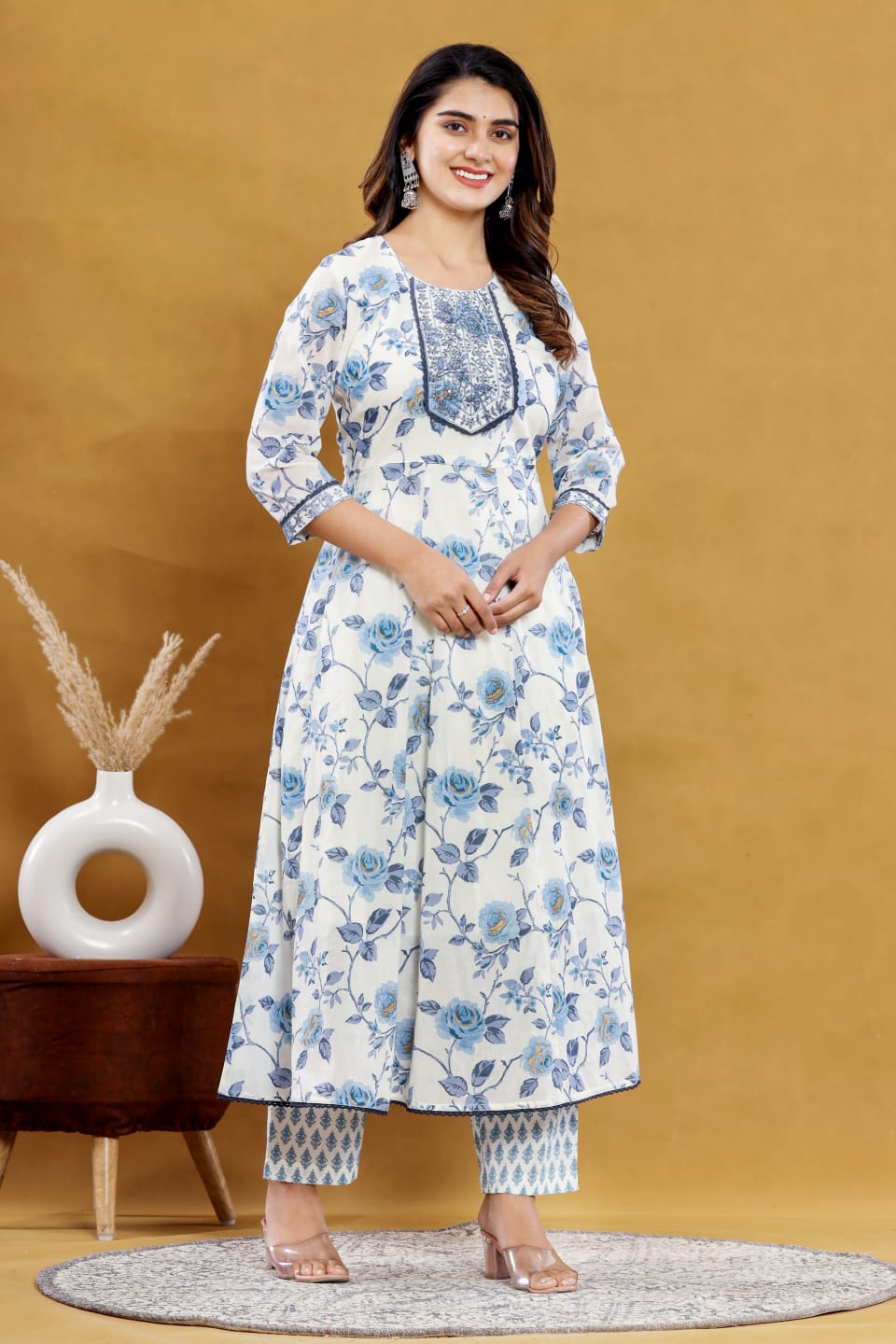 Blue Floral Anarkali Kurta with Pant Dupatta