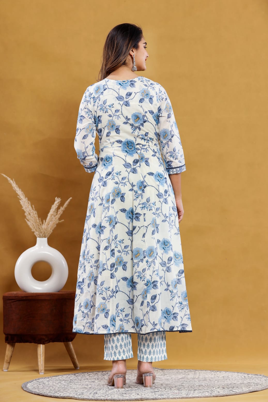 Blue Floral Anarkali Kurta with Pant Dupatta