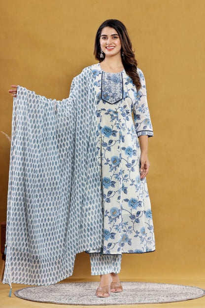 Blue Floral Anarkali Kurta with Pant Dupatta