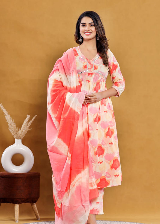 Peach Cotton Alia Cut Printed Kurta Pant Dupatta