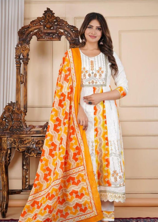 Orange Anarkali Embroidered Kurta Pant Dupatta