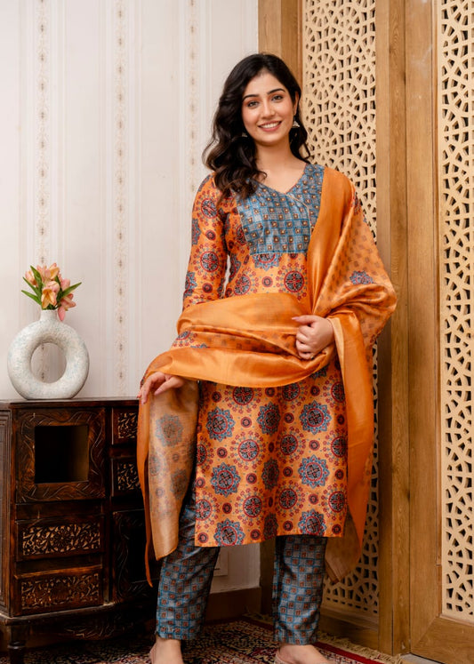 Orange Grey Manipuri Silk Printed Kurta Pant Dupatta
