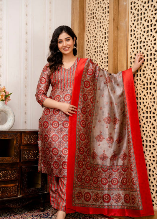 Red Grey Manipuri Silk Printed Kurta Pant Dupatta