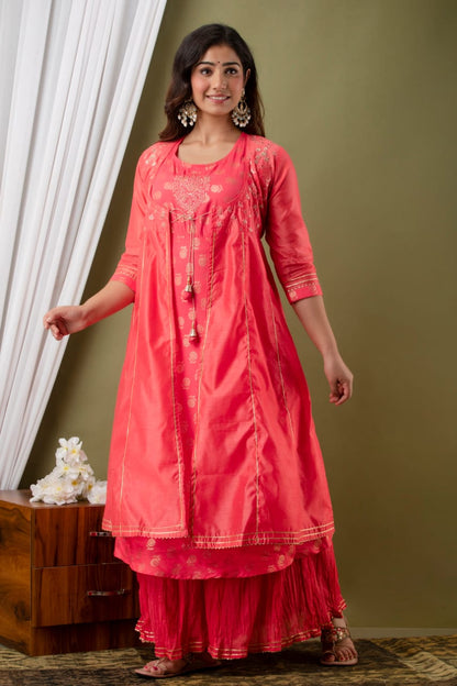 Pink Modal Chanderi Embroidered Kurta, Plazzo Set with Jacket
