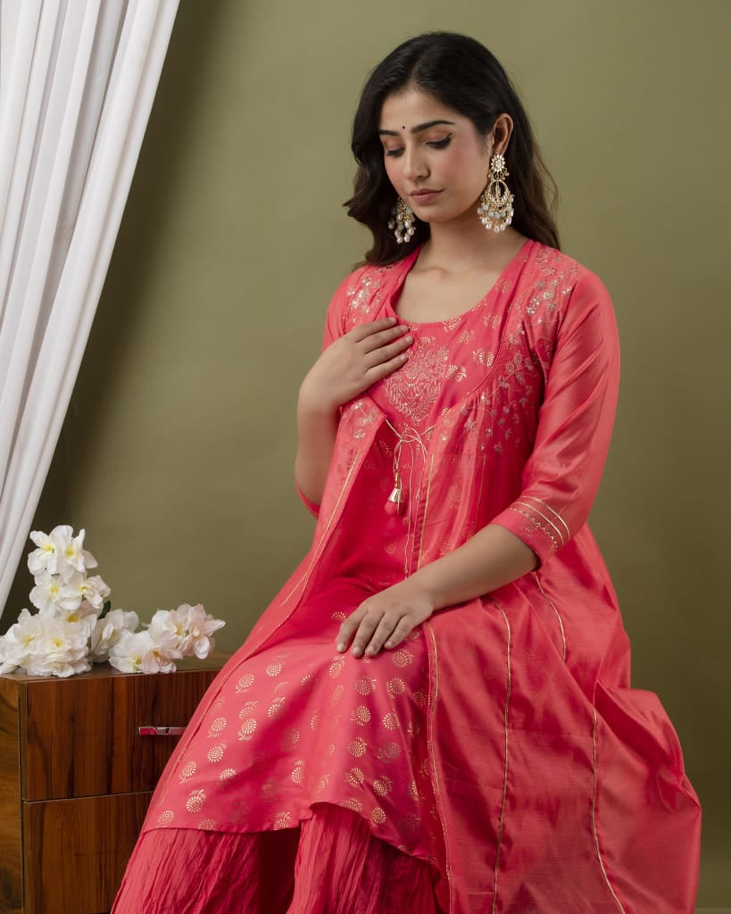 Pink Modal Chanderi Embroidered Kurta, Plazzo Set with Jacket