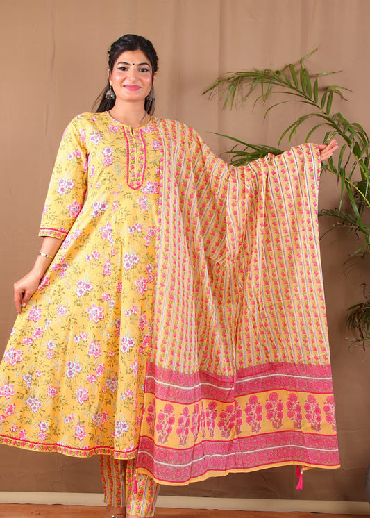 Yellow Floral Anarkali Kurta Pant with Dupatta