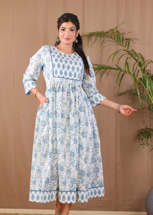 Blue Grey Floral Anarkali Kurta