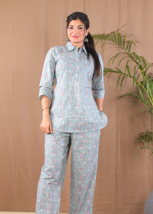 Blue Grey Cotton Co-ord Set with Floral Print