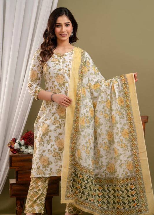 Yellow Olive Printed Straight Kurta Pant and Dupatta