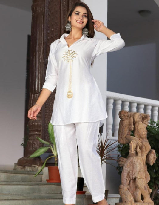 White Muslin Co- ord set with beautiful handwork