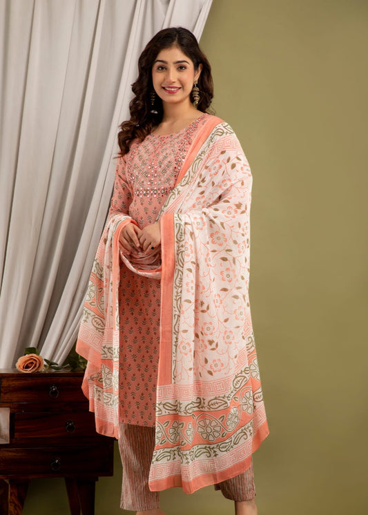 Peach Cotton Embroidered Printed Straight Kurta with Pant and Dupatta