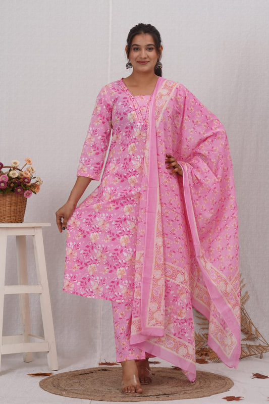 Pink Cotton Printed A Line Kurta Pant and Dupatta