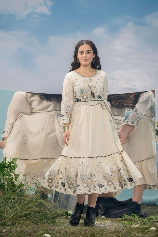 Black and White Cotton Embroidered Dress with Belt