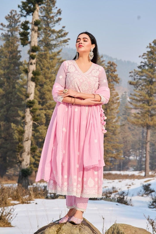 Baby Pink Malmal Embroidered Anarkali Pant and Dupatta