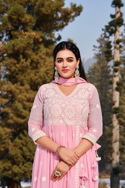Baby Pink Malmal Embroidered Anarkali Pant and Dupatta
