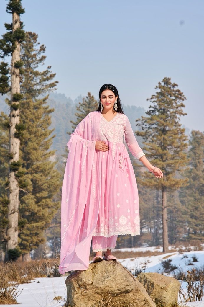 Baby Pink Malmal Embroidered Anarkali Pant and Dupatta
