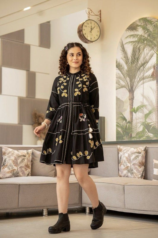 Black Cotton Embroidered Dress