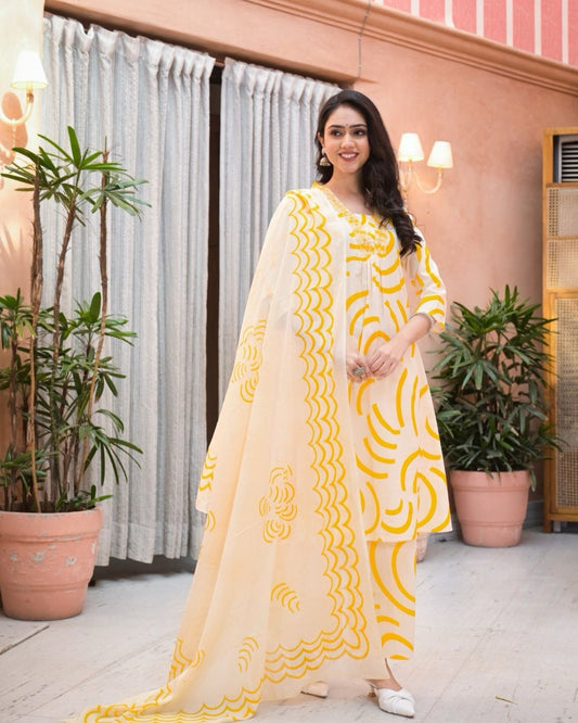 Yellow Printed A-Line Kurta, Plazzo and Dupatta