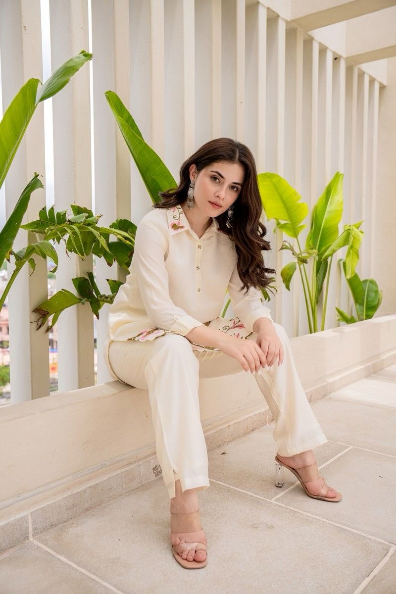 Off-White Rayon Embroidered Co-ord Set