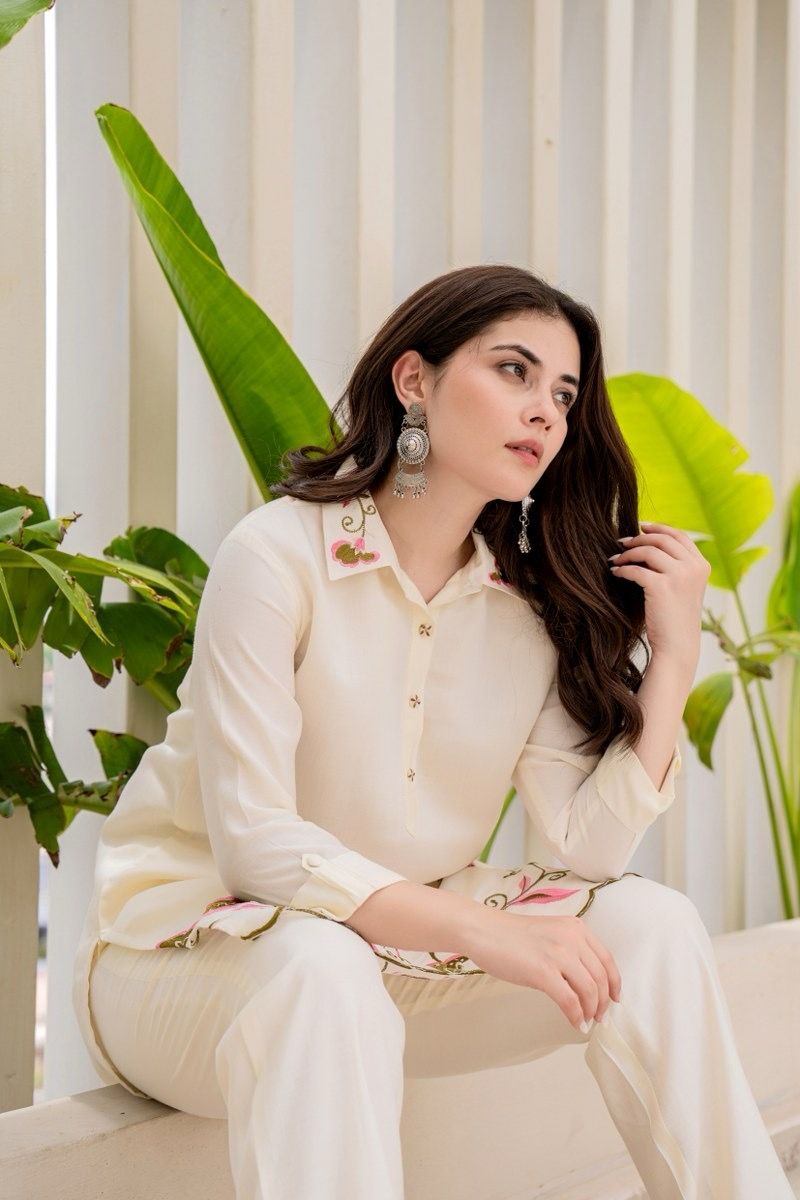 Off-White Rayon Embroidered Co-ord Set