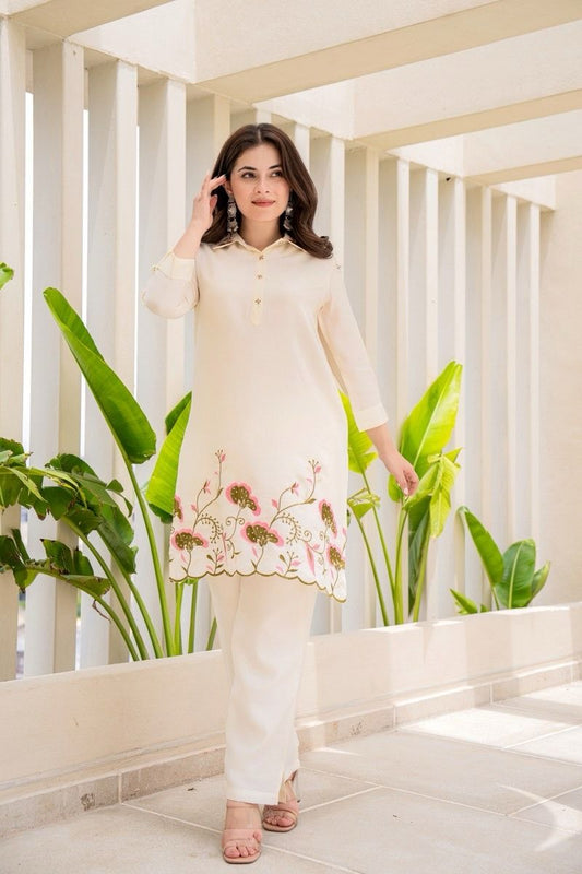 Off-White Rayon Embroidered Co-ord Set