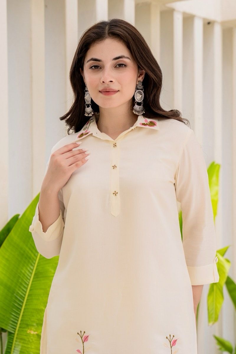 Off-White Rayon Embroidered Co-ord Set