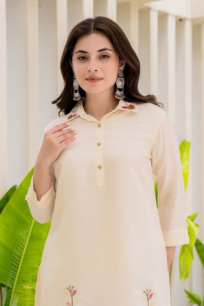 Off-White Rayon Embroidered Co-ord Set