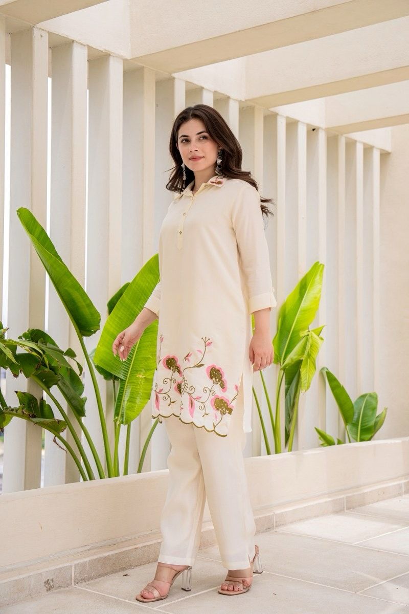 Off-White Rayon Embroidered Co-ord Set