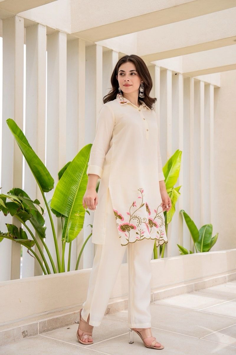 Off-White Rayon Embroidered Co-ord Set