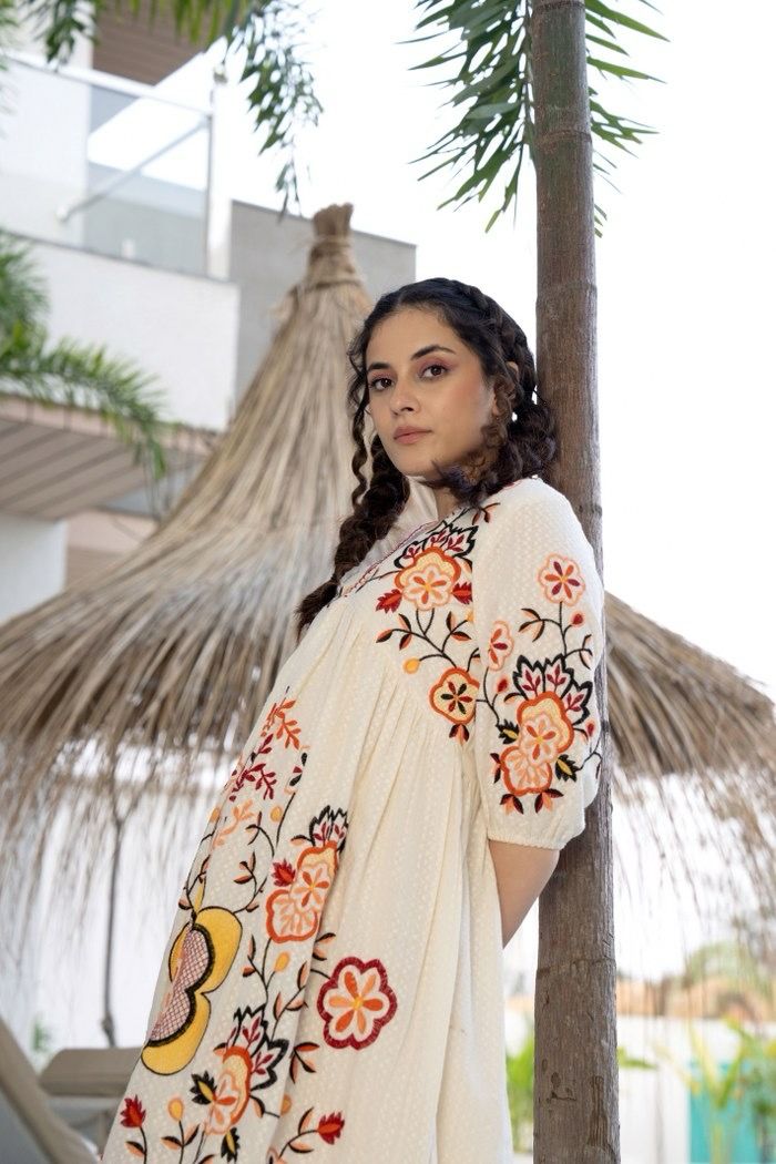 Orange and White Cotton Embroidered Dress