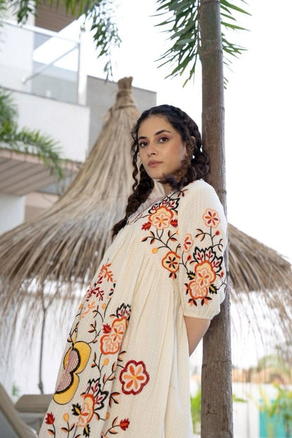 Orange and White Cotton Embroidered Dress