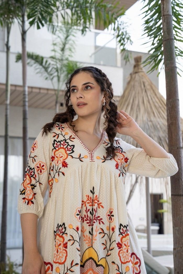 Orange and White Cotton Embroidered Dress